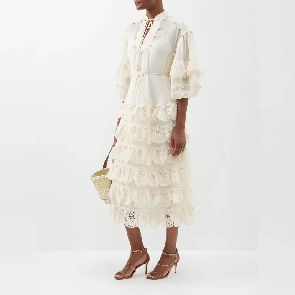 Zimmermann Cream Ruffled Tiered Sundress with Bishop Sleeves - Picture 6 of 12